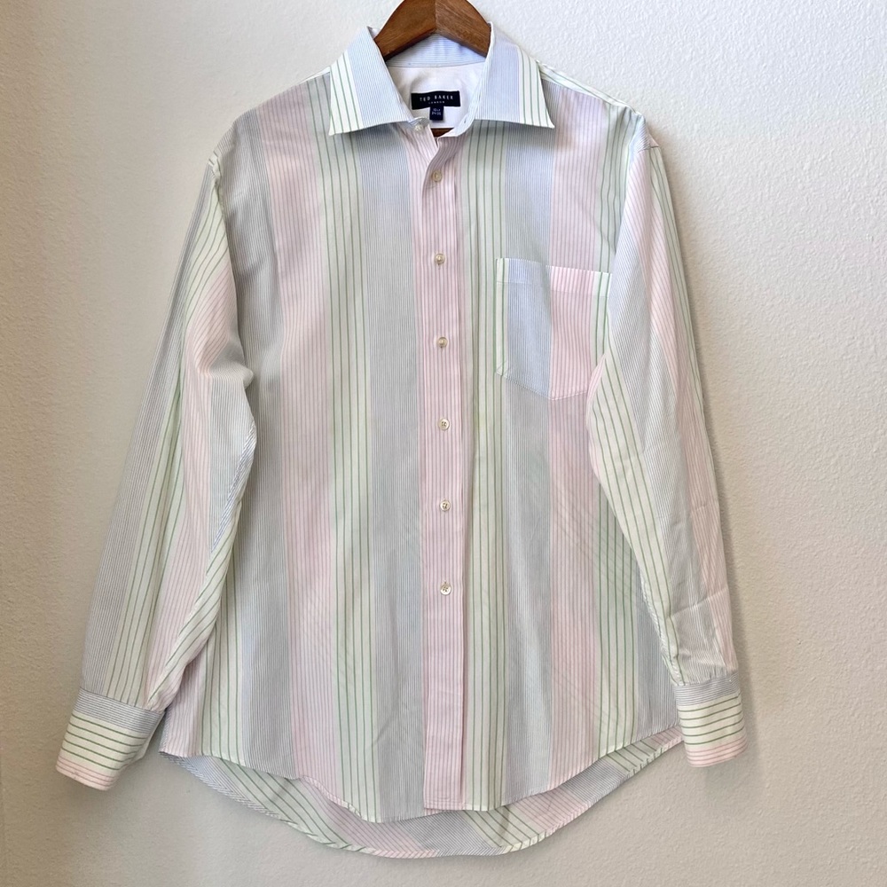 🆕 Ted Baker Button Down Dress Shirt - White w/ Pastel Stripes